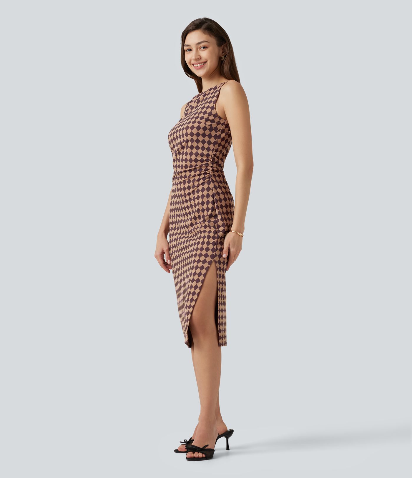 Halara UltraSculpt™ Plaid Print Boat Neck Sleeveless Bodycon Midi Casual Dress Halara UltraSculpt™ Plaid Print Boat Neck Sleeveless Bodycon Midi Casual Dress