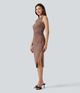 Halara UltraSculpt™ Plaid Print Boat Neck Sleeveless Bodycon Midi Casual Dress Halara UltraSculpt™ Plaid Print Boat Neck Sleeveless Bodycon Midi Casual Dress