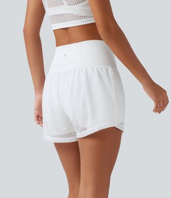 SoftlyZero™ QuickDry Shorts de yoga 2 en 1 con cintura alta cruzada, en tejido eyelet, 3'' con bolsillos