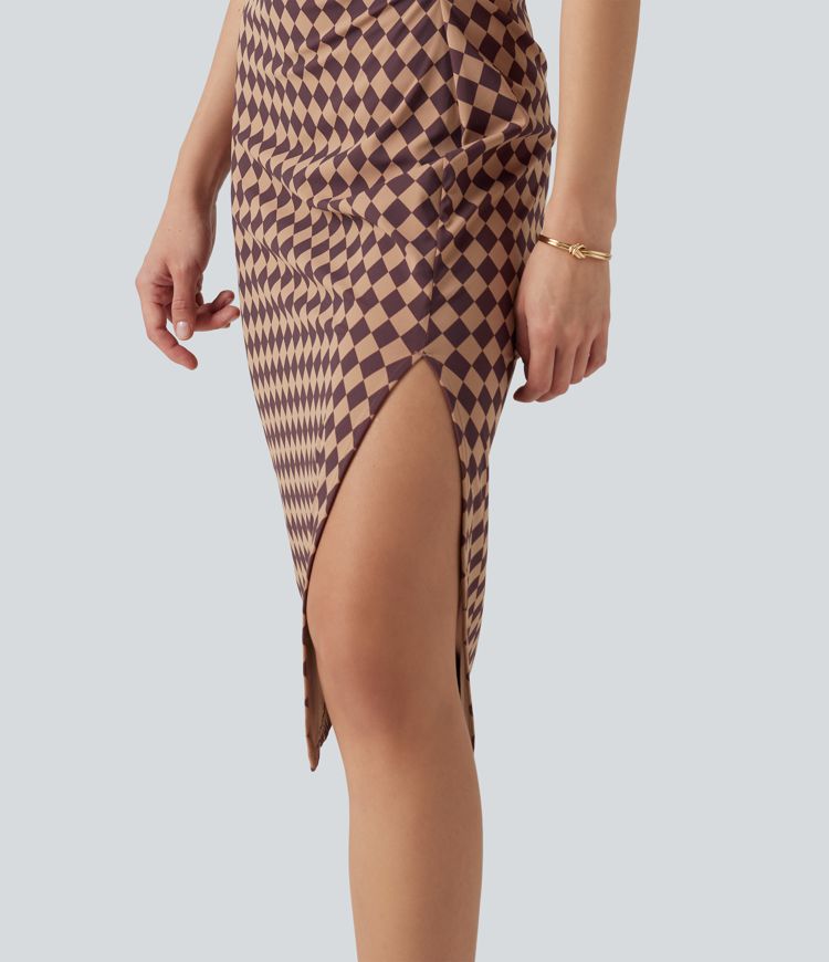 Halara UltraSculpt™ Plaid Print Boat Neck Sleeveless Bodycon Midi Casual Dress Halara UltraSculpt™ Plaid Print Boat Neck Sleeveless Bodycon Midi Casual Dress