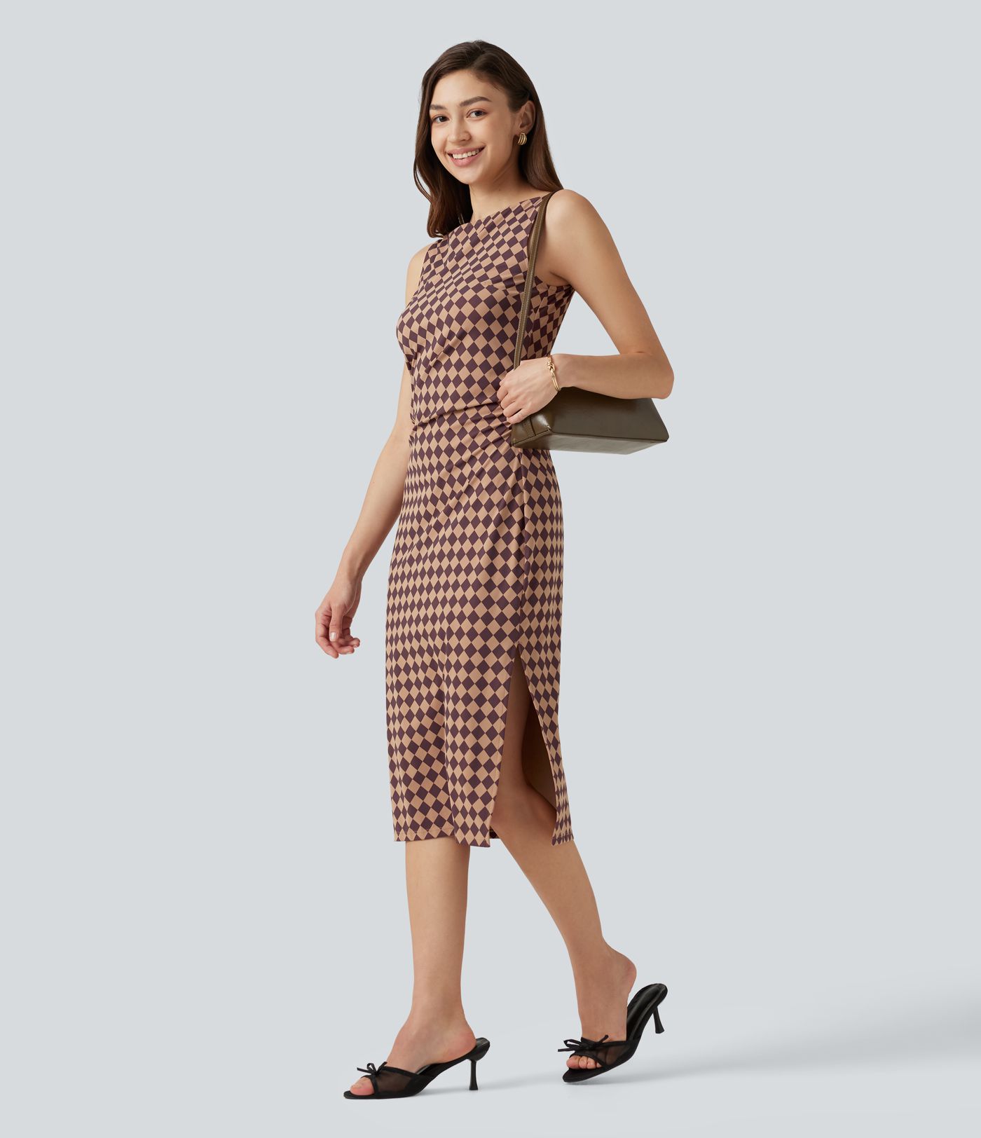 Halara UltraSculpt™ Plaid Print Boat Neck Sleeveless Bodycon Midi Casual Dress Halara UltraSculpt™ Plaid Print Boat Neck Sleeveless Bodycon Midi Casual Dress