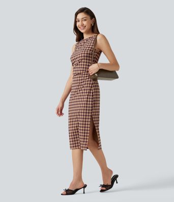 Halara UltraSculpt™ Plaid Print Boat Neck Sleeveless Bodycon Midi Casual Dress Halara UltraSculpt™ Plaid Print Boat Neck Sleeveless Bodycon Midi Casual Dress
