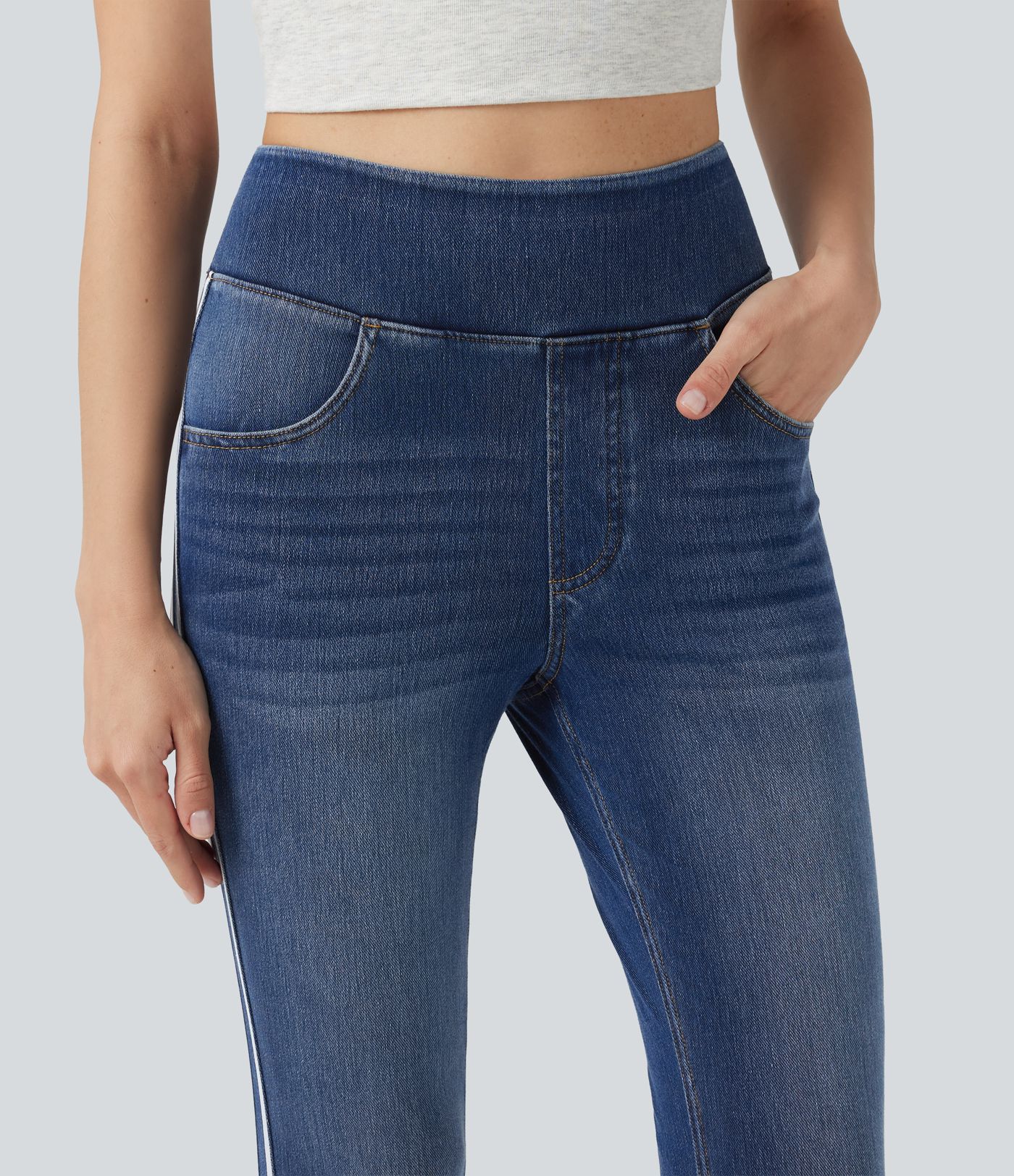 Halara Flex™ High Waisted Stripe Skinny Washed Casual Jeans with Pockets Halara Flex™ High Waisted Stripe Skinny Washed Casual Jeans with Pockets