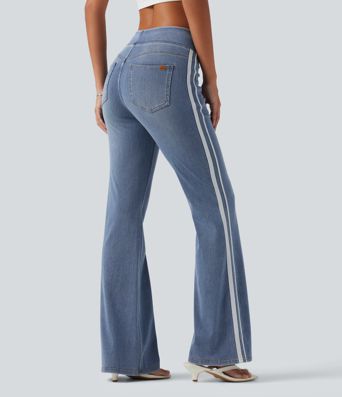 Halara Flex™ High Waisted Stripe Flare Washed Casual Jeans with Pockets