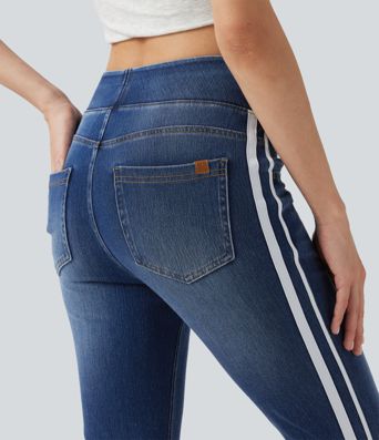 Halara Flex™ High Waisted Stripe Skinny Washed Casual Jeans with Pockets Halara Flex™ High Waisted Stripe Skinny Washed Casual Jeans with Pockets