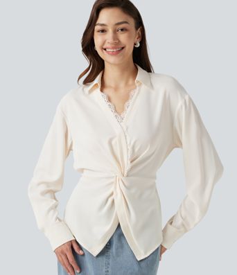 Wrinkle-Resistant V Neck Contrast Lace Long Sleeve Tie Back Twisted Work Shirt Wrinkle-Resistant V Neck Contrast Lace Long Sleeve Tie Back Twisted Work Shirt
