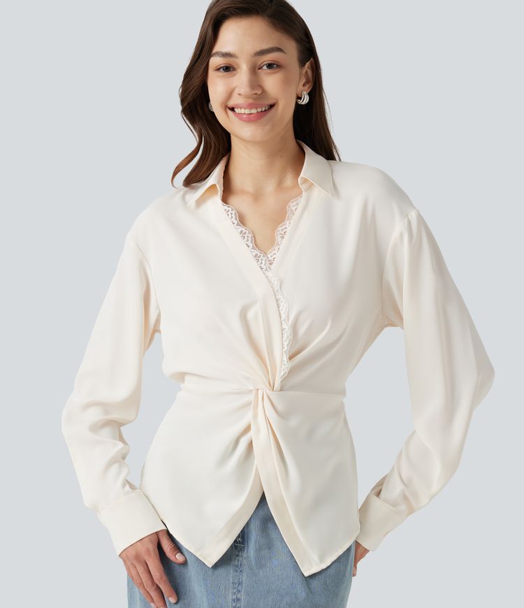Wrinkle-Resistant V Neck Contrast Lace Long Sleeve Tie Back Twisted Work Shirt Wrinkle-Resistant V Neck Contrast Lace Long Sleeve Tie Back Twisted Work Shirt