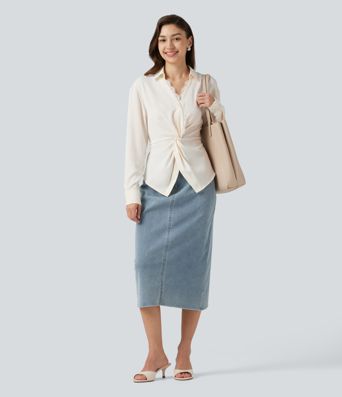 Wrinkle-Resistant V Neck Contrast Lace Long Sleeve Tie Back Twisted Work Shirt Wrinkle-Resistant V Neck Contrast Lace Long Sleeve Tie Back Twisted Work Shirt