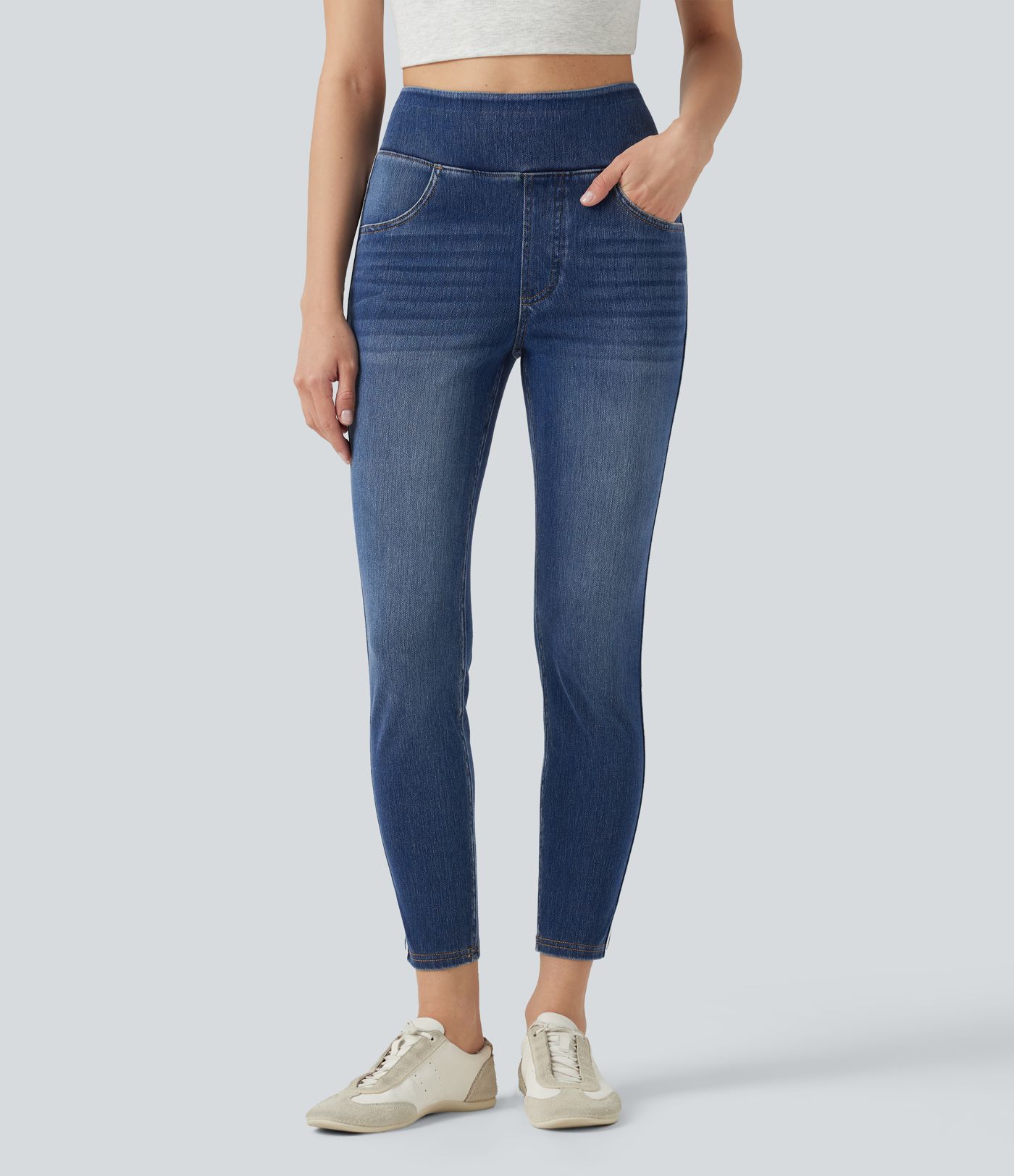 Halara Flex™ High Waisted Stripe Skinny Washed Casual Jeans with Pockets Halara Flex™ High Waisted Stripe Skinny Washed Casual Jeans with Pockets