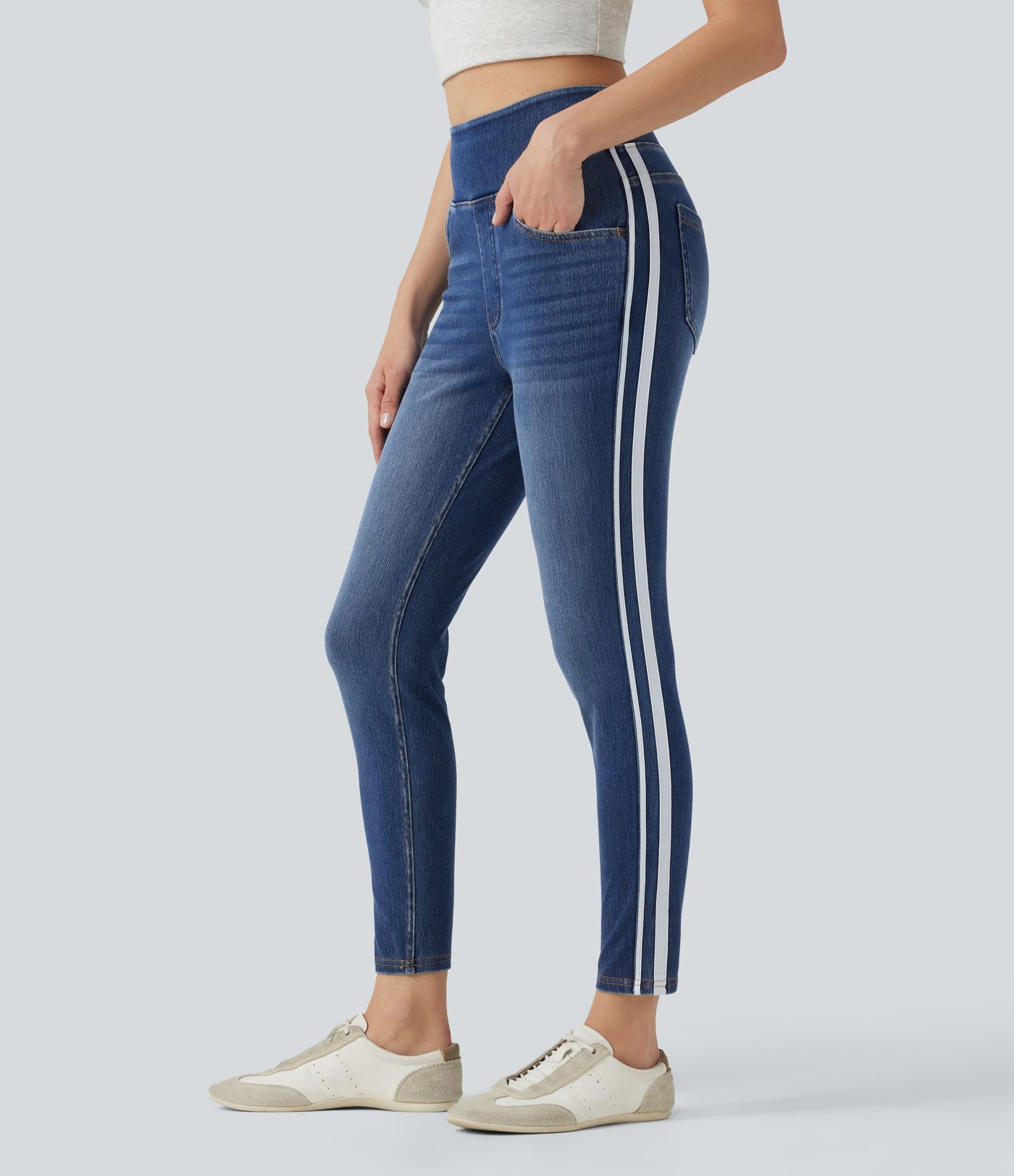 Halara Flex™ High Waisted Stripe Skinny Washed Casual Jeans with Pockets Halara Flex™ High Waisted Stripe Skinny Washed Casual Jeans with Pockets