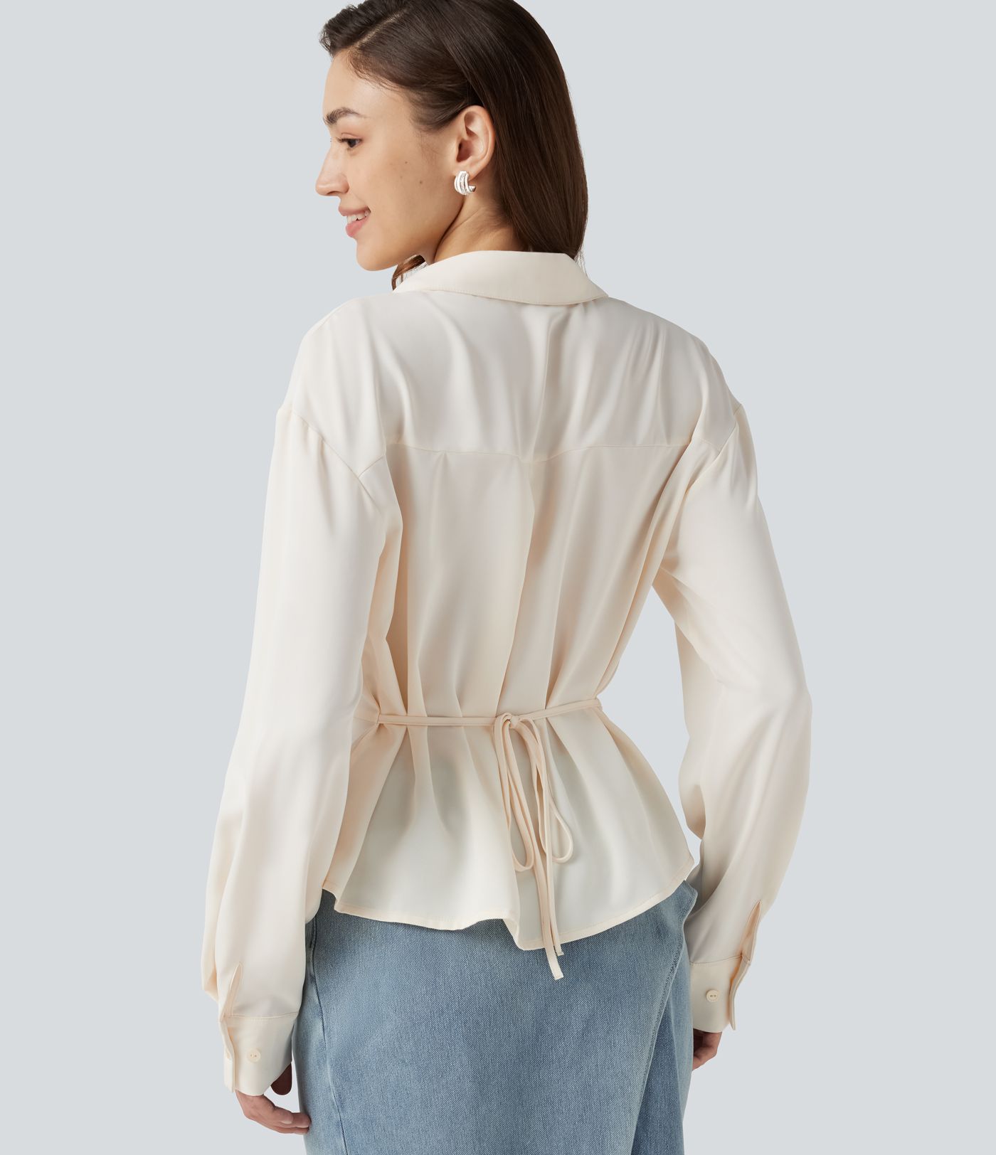 Wrinkle-Resistant V Neck Contrast Lace Long Sleeve Tie Back Twisted Work Shirt Wrinkle-Resistant V Neck Contrast Lace Long Sleeve Tie Back Twisted Work Shirt