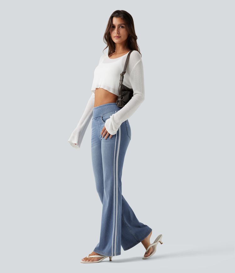Halara Flex™ High Waisted Stripe Flare Washed Casual Jeans with Pockets