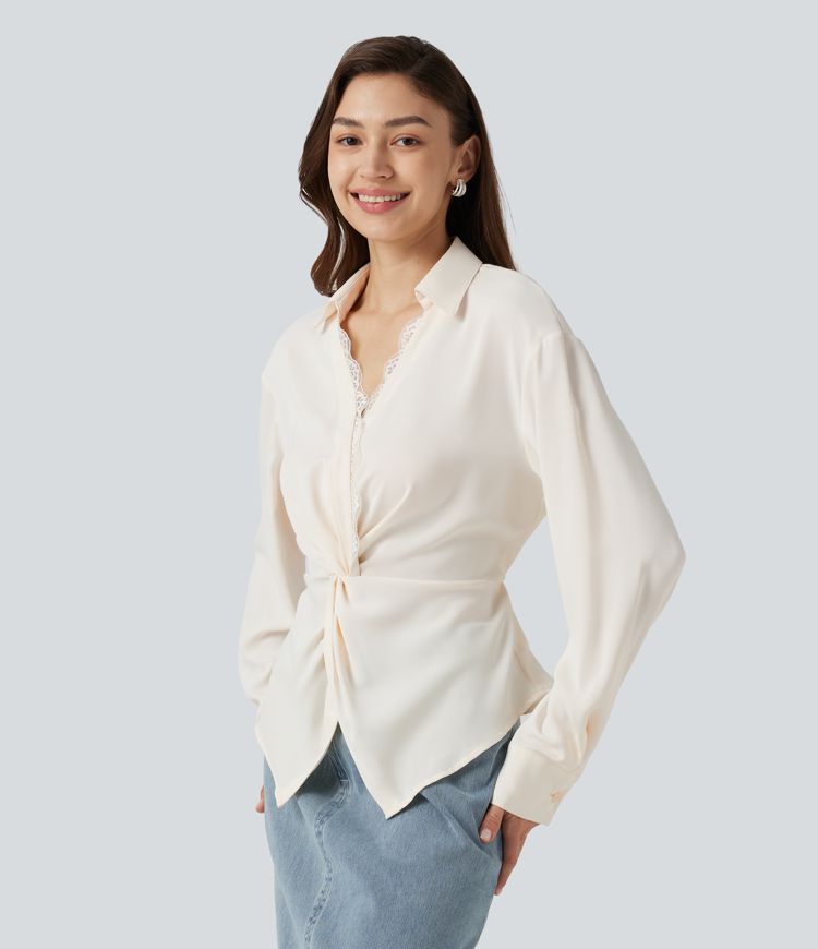 Wrinkle-Resistant V Neck Contrast Lace Long Sleeve Tie Back Twisted Work Shirt Wrinkle-Resistant V Neck Contrast Lace Long Sleeve Tie Back Twisted Work Shirt