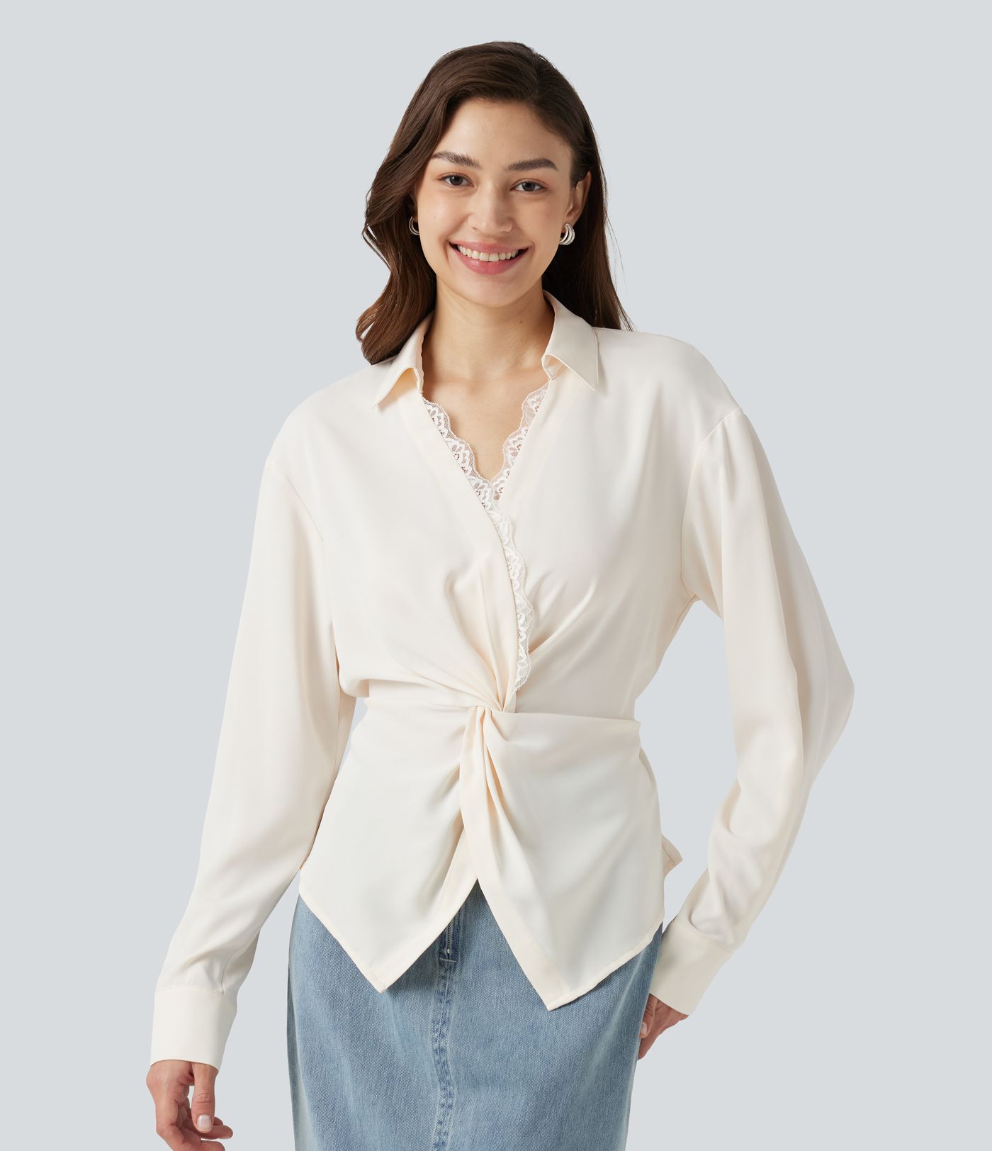 Wrinkle-Resistant V Neck Contrast Lace Long Sleeve Tie Back Twisted Work Shirt Wrinkle-Resistant V Neck Contrast Lace Long Sleeve Tie Back Twisted Work Shirt