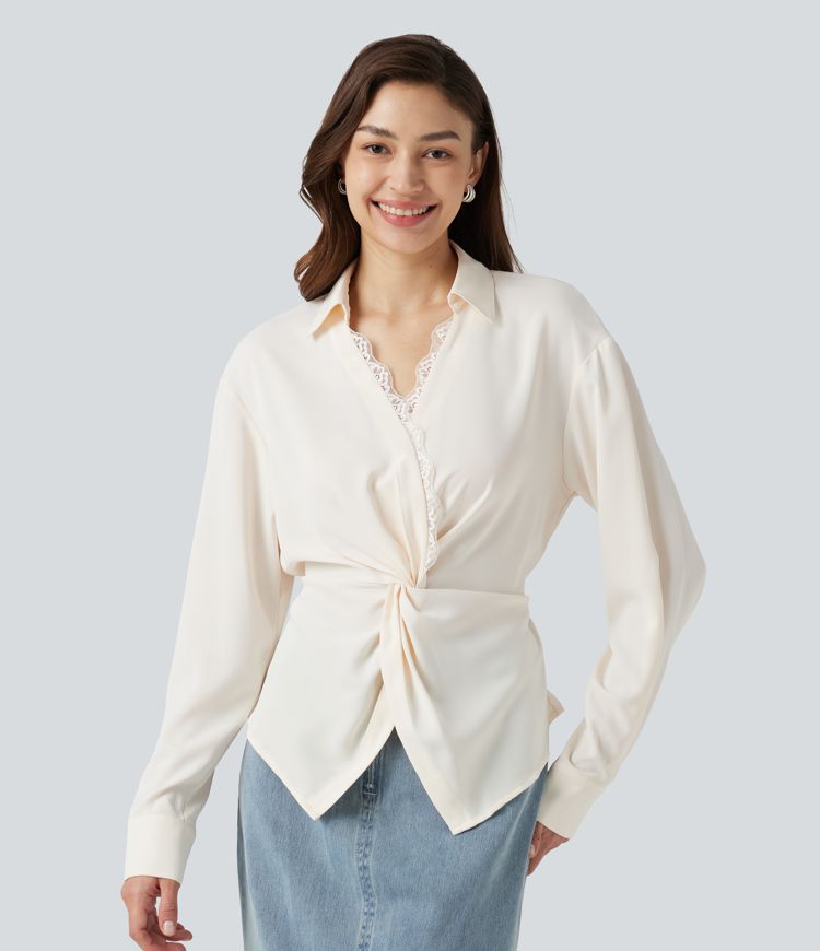 Wrinkle-Resistant V Neck Contrast Lace Long Sleeve Tie Back Twisted Work Shirt Wrinkle-Resistant V Neck Contrast Lace Long Sleeve Tie Back Twisted Work Shirt