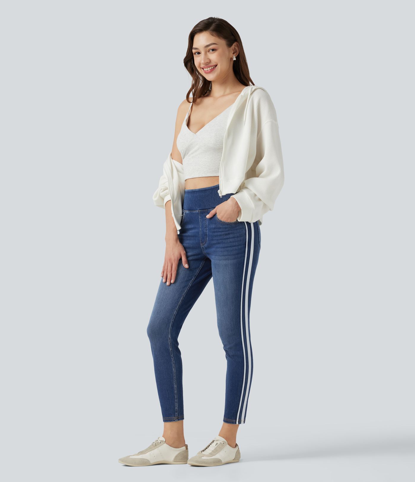 Halara Flex™ High Waisted Stripe Skinny Washed Casual Jeans with Pockets Halara Flex™ High Waisted Stripe Skinny Washed Casual Jeans with Pockets