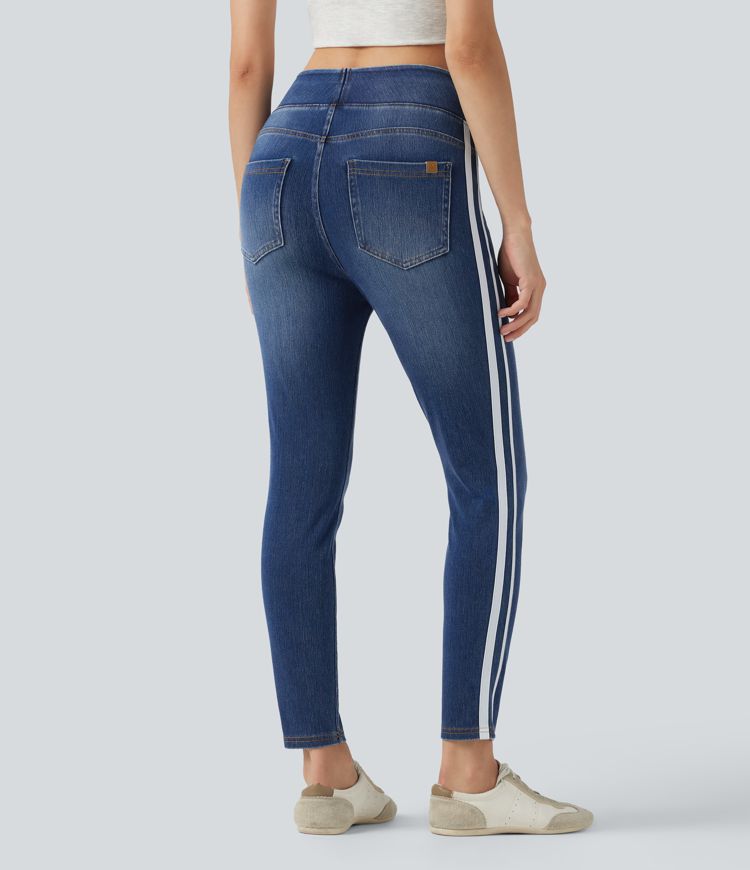 Halara Flex™ High Waisted Stripe Skinny Washed Casual Jeans with Pockets Halara Flex™ High Waisted Stripe Skinny Washed Casual Jeans with Pockets