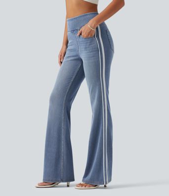 Halara Flex™ High Waisted Stripe Flare Washed Casual Jeans with Pockets