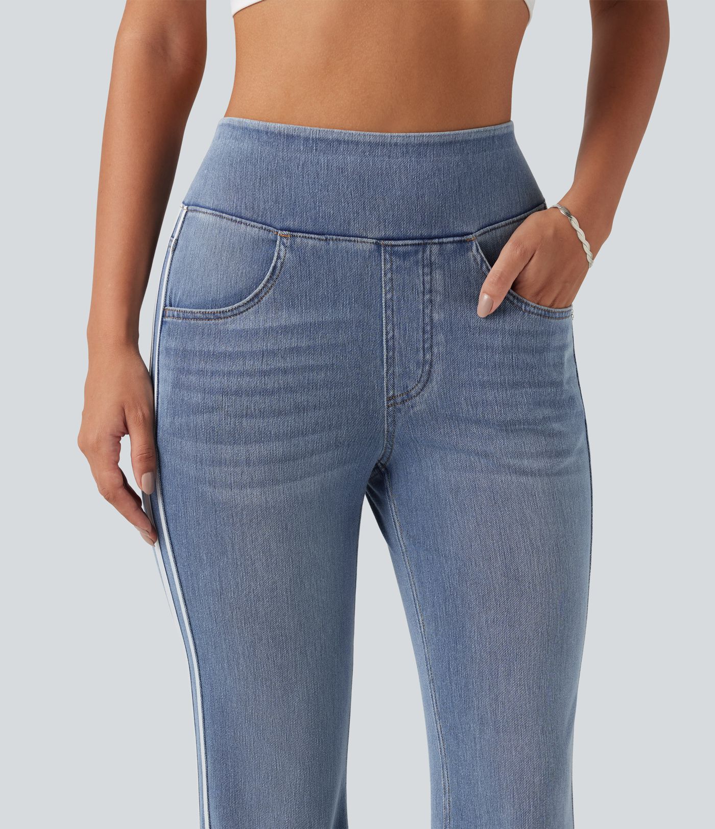 Halara Flex™ High Waisted Stripe Flare Washed Casual Jeans with Pockets
