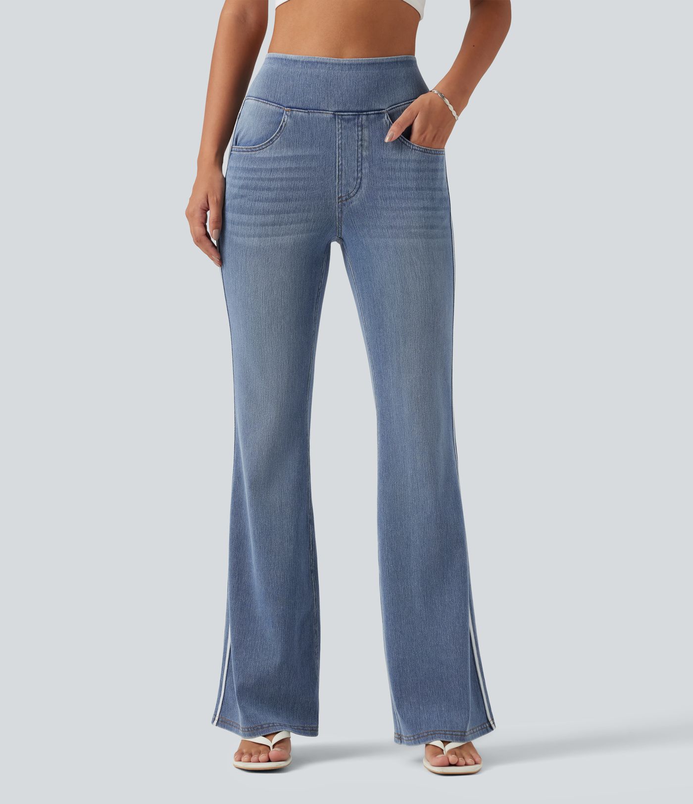 Halara Flex™ High Waisted Stripe Flare Washed Casual Jeans with Pockets