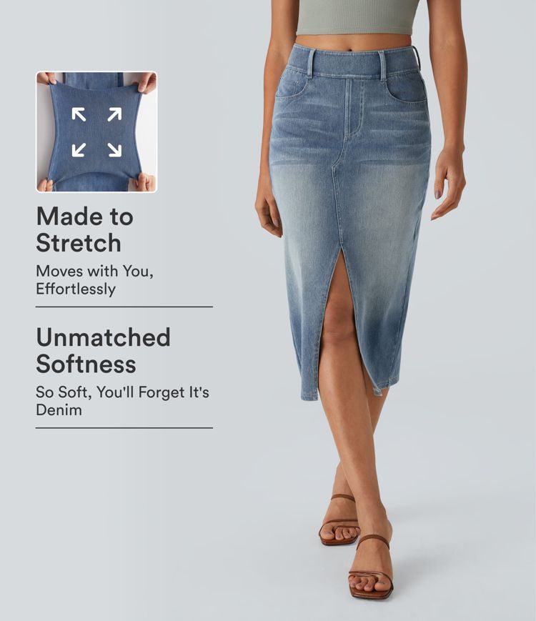 Halara Flex™ High Waisted Pockets Bodycon Washed Denim Casual Midi Skirt Halara Flex™ High Waisted Pockets Bodycon Washed Denim Casual Midi Skirt