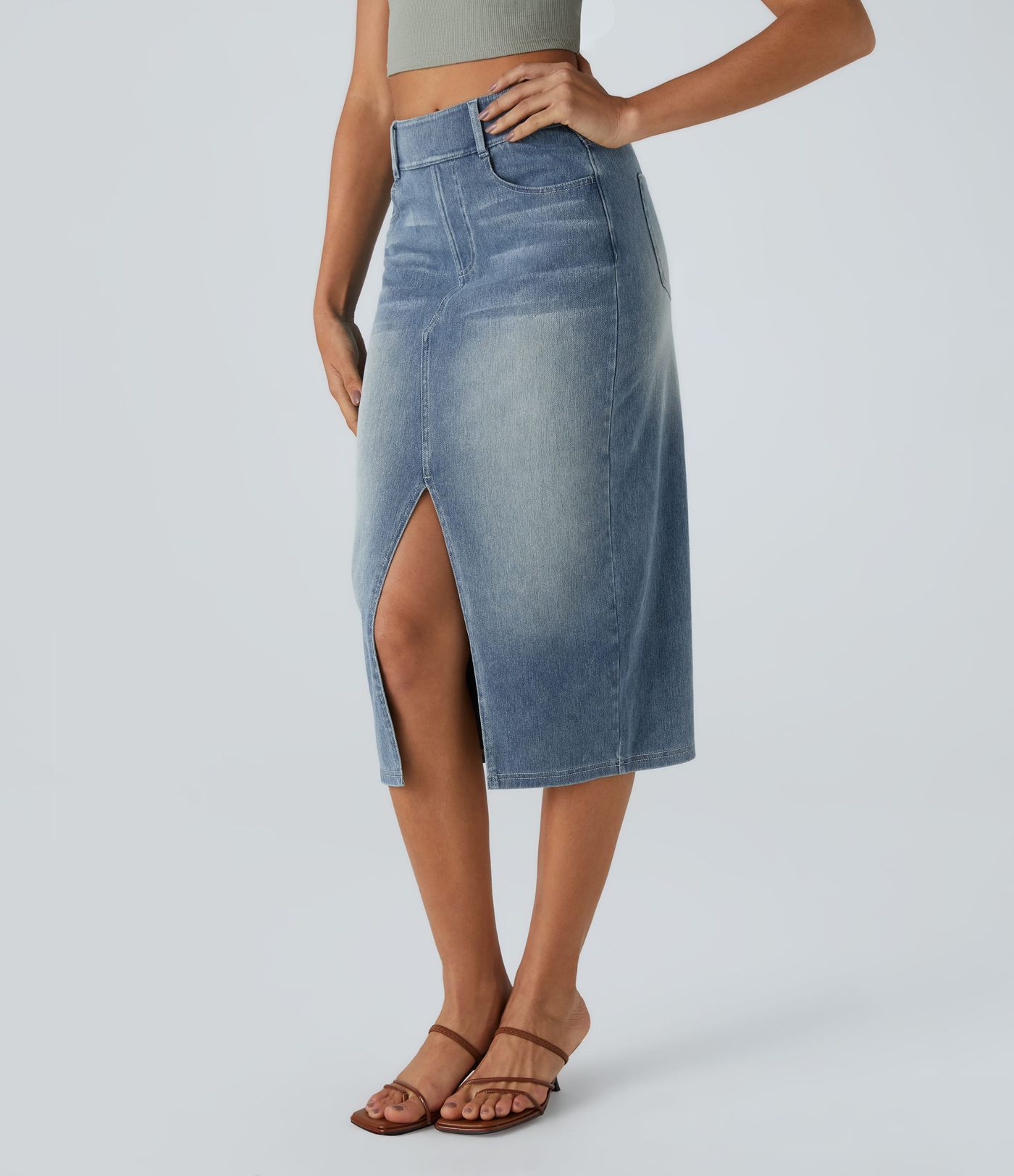 Halara Flex™ High Waisted Pockets Bodycon Washed Denim Casual Midi Skirt Halara Flex™ High Waisted Pockets Bodycon Washed Denim Casual Midi Skirt
