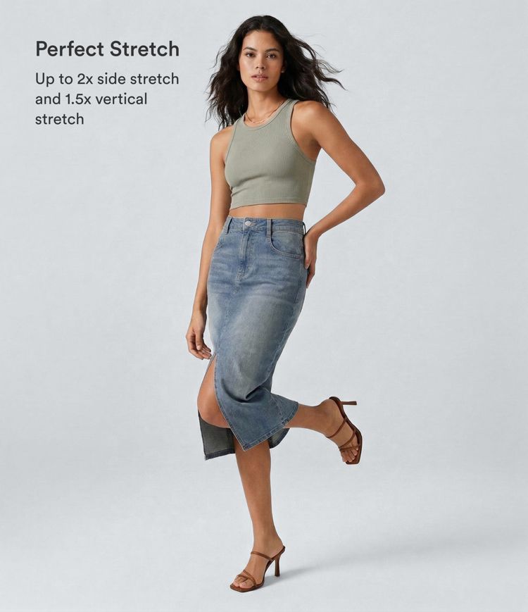 Halara Flex™ High Waisted Pockets Bodycon Washed Denim Casual Midi Skirt Halara Flex™ High Waisted Pockets Bodycon Washed Denim Casual Midi Skirt