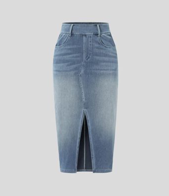 Halara Flex™ High Waisted Pockets Bodycon Washed Denim Casual Midi Skirt Halara Flex™ High Waisted Pockets Bodycon Washed Denim Casual Midi Skirt