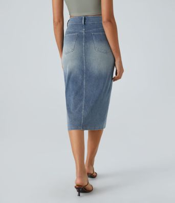 Halara Flex™ High Waisted Pockets Bodycon Washed Denim Casual Midi Skirt Halara Flex™ High Waisted Pockets Bodycon Washed Denim Casual Midi Skirt