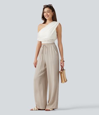 Pantalon décontracté taille haute à cordon de serrage, effet lin, avec poches Pantalon décontracté taille haute à cordon de serrage, effet lin, avec poches