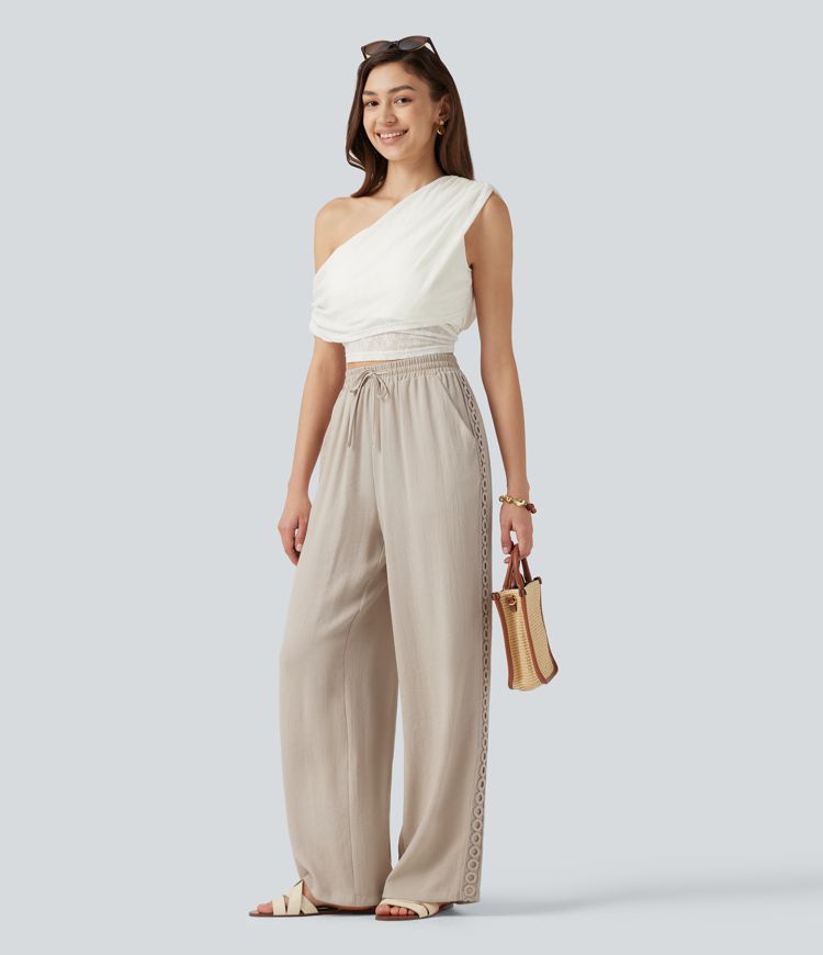 Pantalon décontracté taille haute à cordon de serrage, effet lin, avec poches Pantalon décontracté taille haute à cordon de serrage, effet lin, avec poches