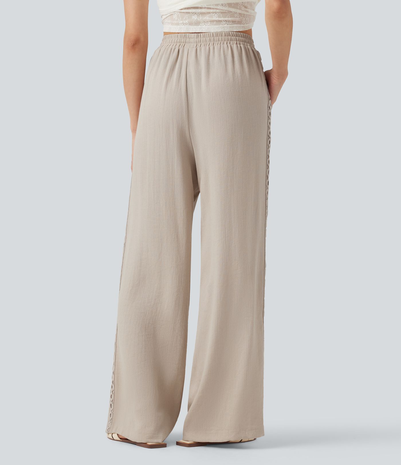 Pantalon décontracté taille haute à cordon de serrage, effet lin, avec poches Pantalon décontracté taille haute à cordon de serrage, effet lin, avec poches
