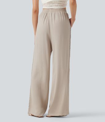 Pantalon décontracté taille haute à cordon de serrage, effet lin, avec poches Pantalon décontracté taille haute à cordon de serrage, effet lin, avec poches