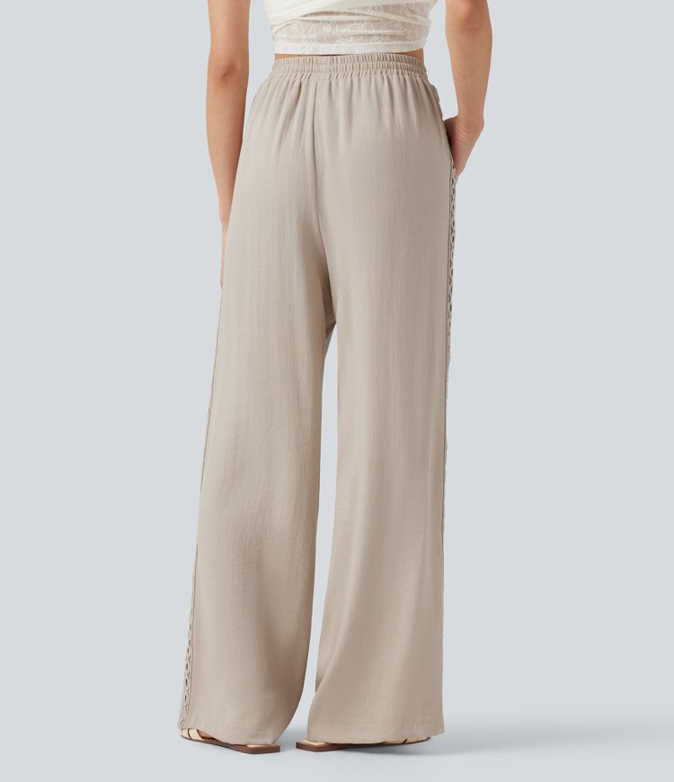 Pantalon décontracté taille haute à cordon de serrage, effet lin, avec poches Pantalon décontracté taille haute à cordon de serrage, effet lin, avec poches