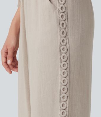 Pantalon décontracté taille haute à cordon de serrage, effet lin, avec poches Pantalon décontracté taille haute à cordon de serrage, effet lin, avec poches