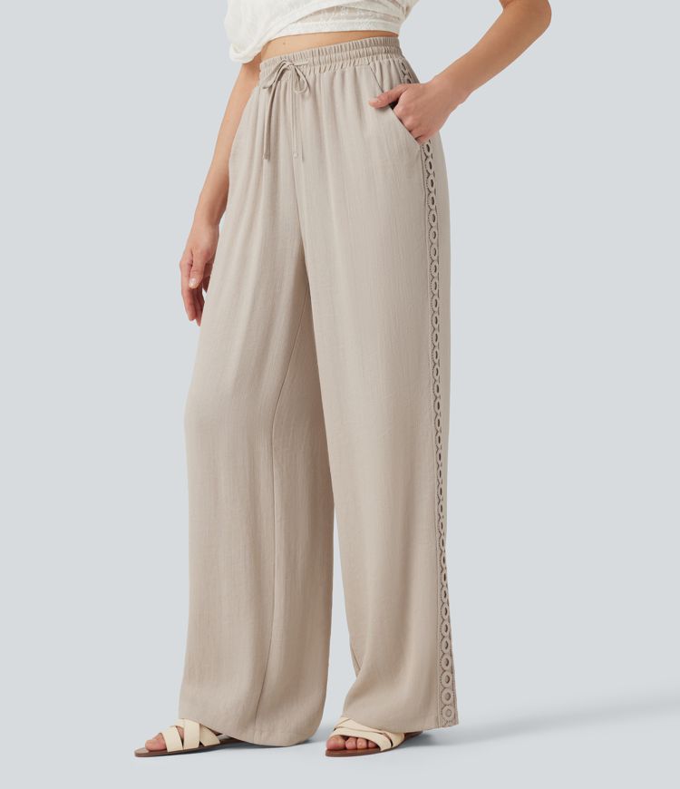 Pantalon décontracté taille haute à cordon de serrage, effet lin, avec poches Pantalon décontracté taille haute à cordon de serrage, effet lin, avec poches