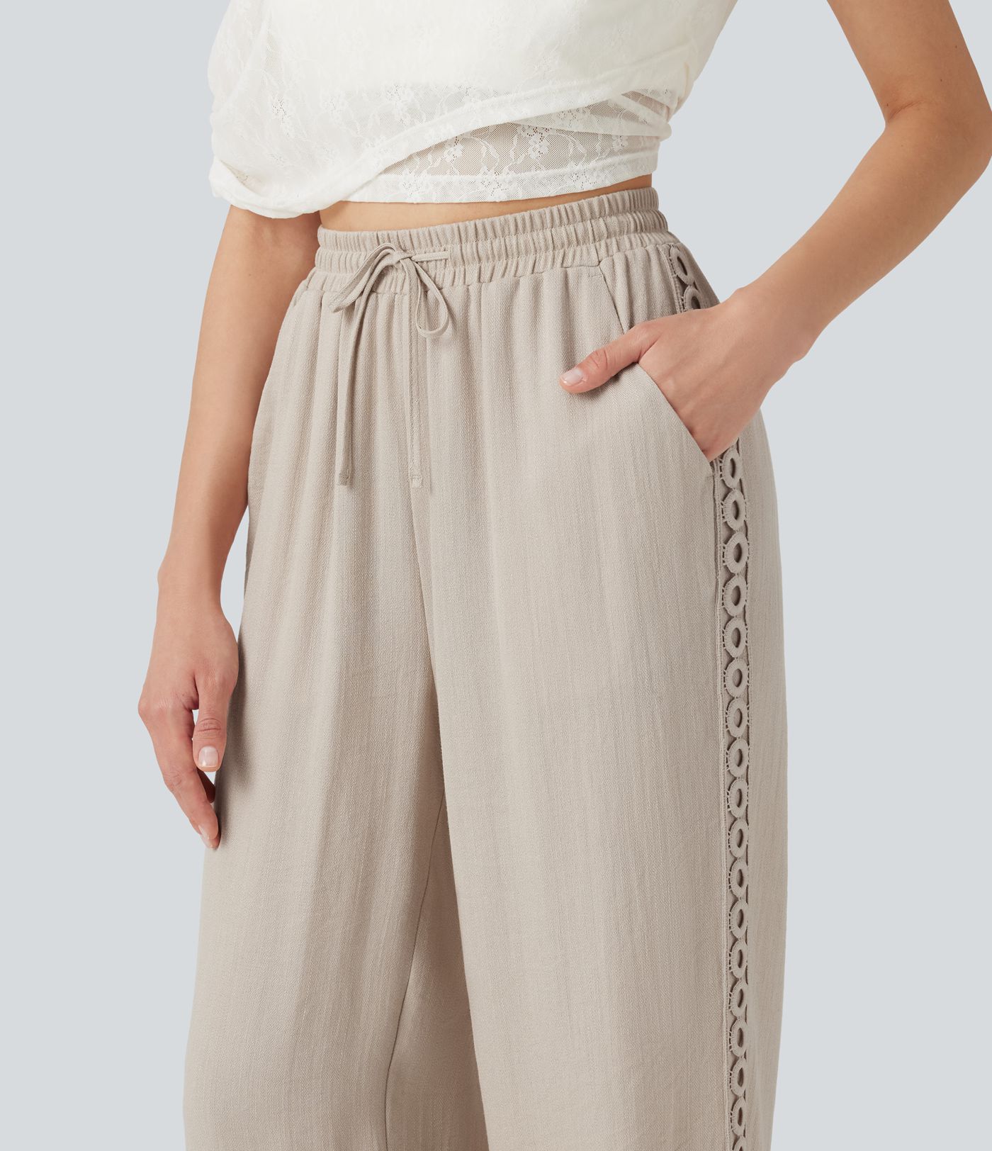 Pantalon décontracté taille haute à cordon de serrage, effet lin, avec poches Pantalon décontracté taille haute à cordon de serrage, effet lin, avec poches