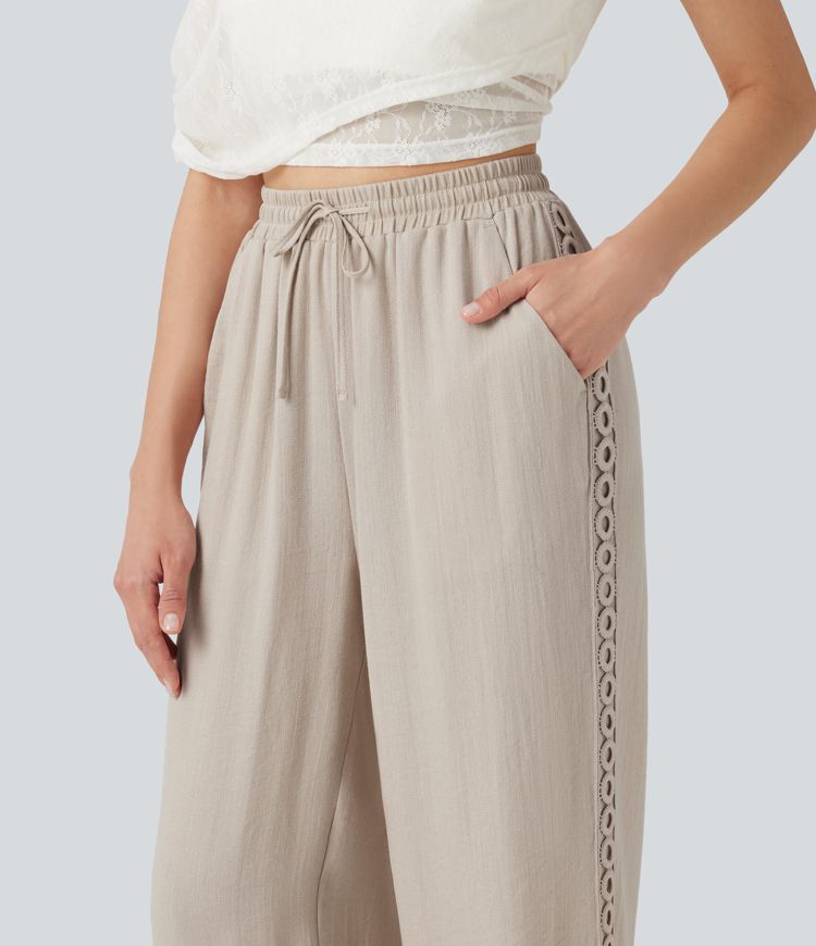 Pantalon décontracté taille haute à cordon de serrage, effet lin, avec poches Pantalon décontracté taille haute à cordon de serrage, effet lin, avec poches
