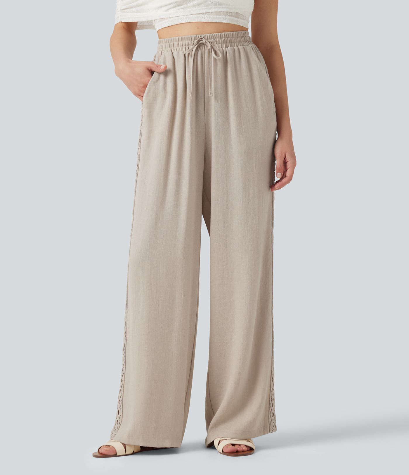 Pantalon décontracté taille haute à cordon de serrage, effet lin, avec poches Pantalon décontracté taille haute à cordon de serrage, effet lin, avec poches