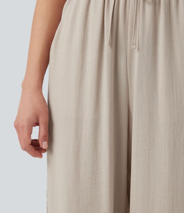 Pantalon décontracté taille haute à cordon de serrage, effet lin, avec poches Pantalon décontracté taille haute à cordon de serrage, effet lin, avec poches