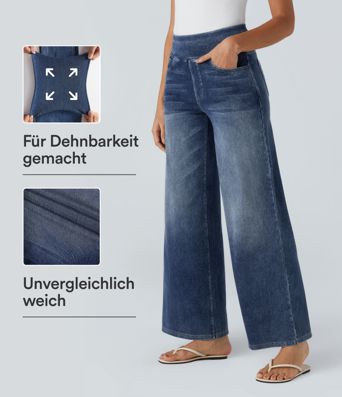Jeans anchos de cintura alta con bolsillos Halara Flex™, lavados y casuales