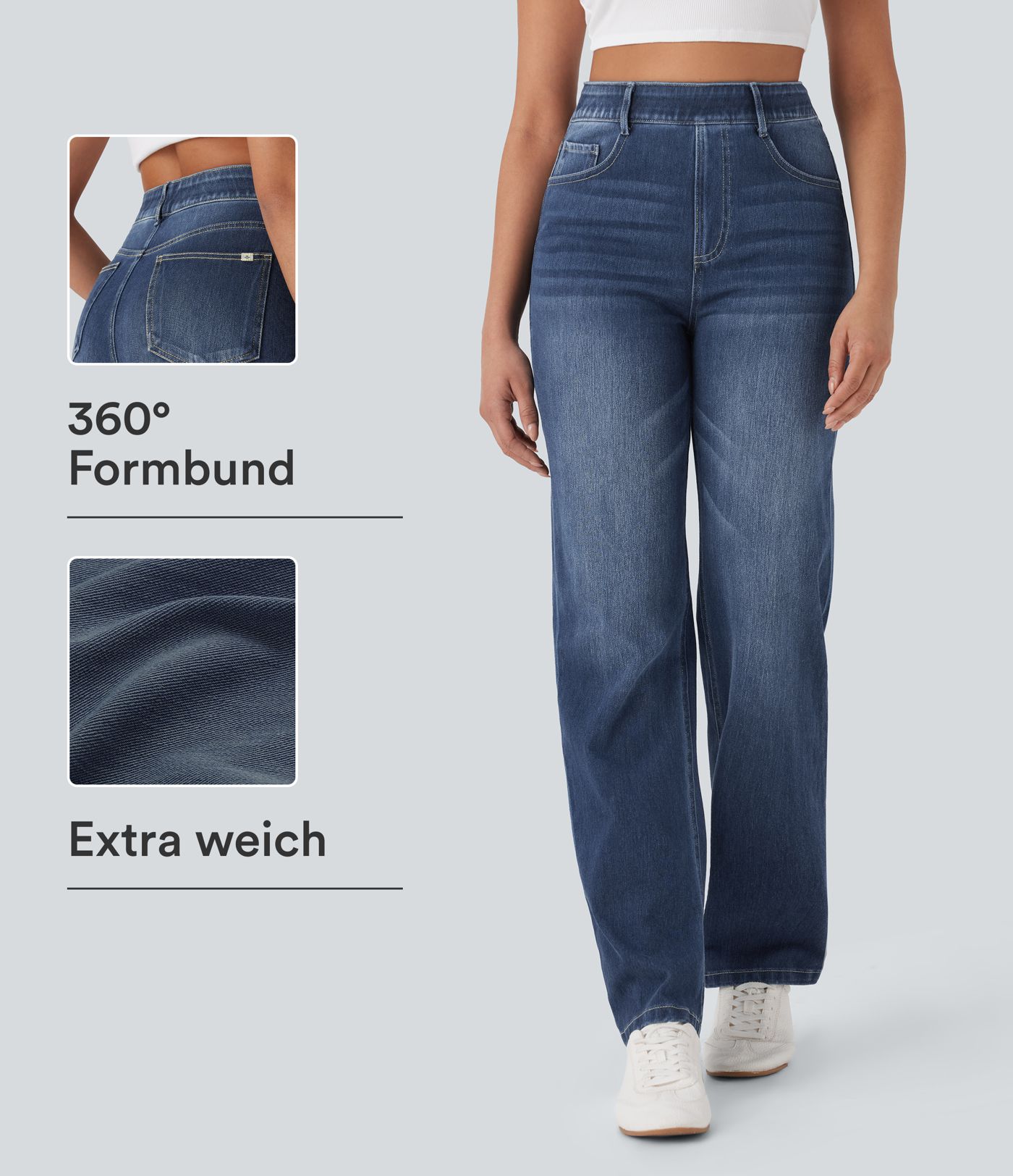 Halara Flex™ Jeans mit hoher Taille, mehreren Taschen, gerades Bein, gewaschener, dehnbarer Strick, lässig Halara Flex™ Jeans mit hoher Taille, mehreren Taschen, gerades Bein, gewaschener, dehnbarer Strick, lässig