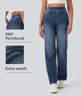 Halara Flex™ Jeans mit hoher Taille, mehreren Taschen, gerades Bein, gewaschener, dehnbarer Strick, lässig Halara Flex™ Jeans mit hoher Taille, mehreren Taschen, gerades Bein, gewaschener, dehnbarer Strick, lässig