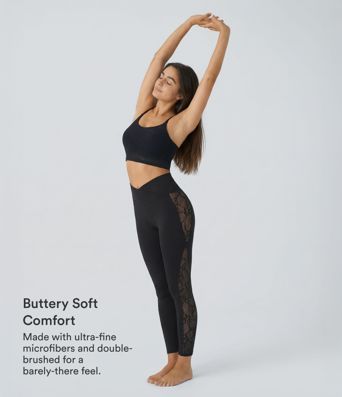 SoftlyZero™ High Waisted Crossover Contrast Lace Pocket Yoga Leggings-UPF50+