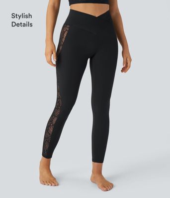 SoftlyZero™ High Waisted Crossover Contrast Lace Pocket Yoga Leggings-UPF50+