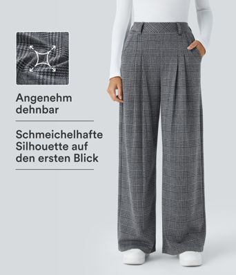 Lässige Hose mit hohem Bund, Seitentaschen, Karomuster und weitem Bein