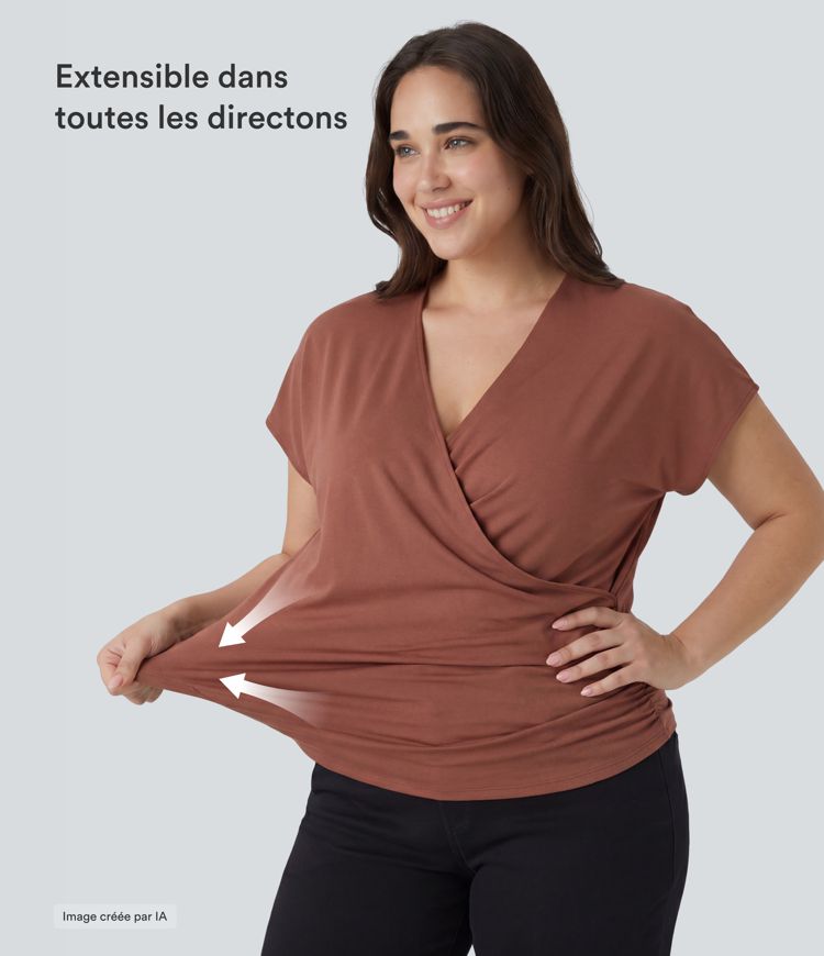 Blouse Travail Unie Froncée Croisée Manches Courtes Col en V Grande Taille Blouse Travail Unie Froncée Croisée Manches Courtes Col en V Grande Taille