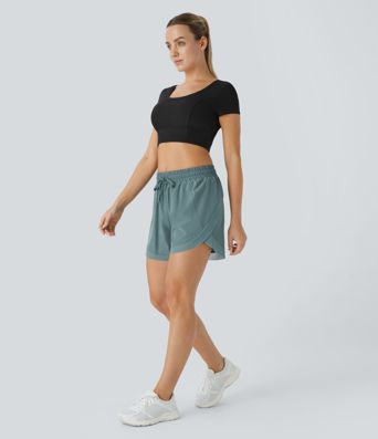 Shorts de running 2 en 1, talle medio con cordón, mesh en contraste, estilo fluido, 5'' Shorts de running 2 en 1, talle medio con cordón, mesh en contraste, estilo fluido, 5''