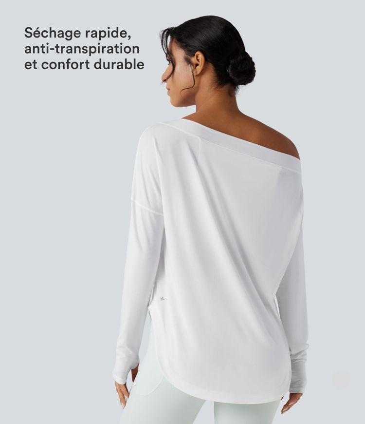 Top de sport yoga une épaule séchage rapide ourlet arrondi asymétrique manches longues avec trous pouces - Brassière intégrée Top de sport yoga une épaule séchage rapide ourlet arrondi asymétrique manches longues avec trous pouces - Brassière intégrée