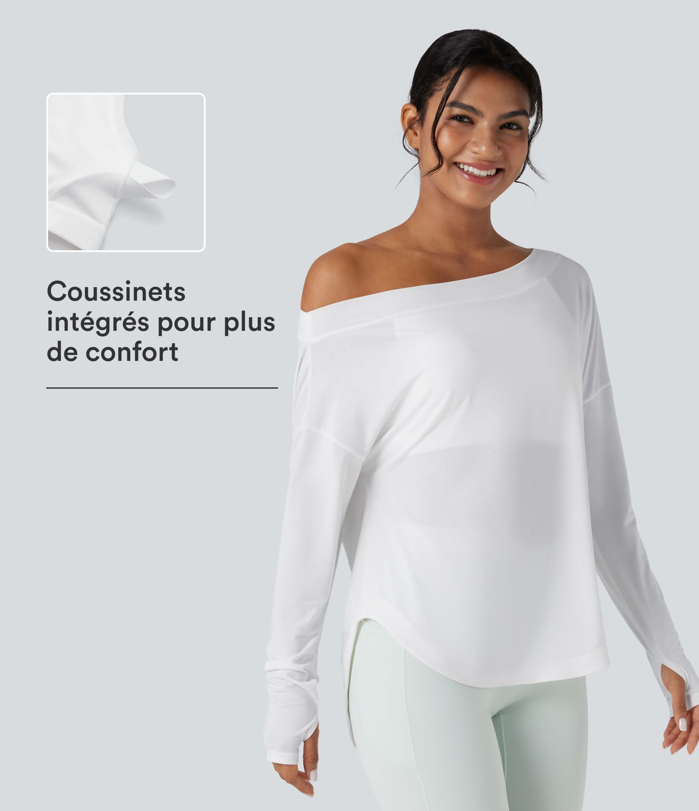 Top de sport yoga une épaule séchage rapide ourlet arrondi asymétrique manches longues avec trous pouces - Brassière intégrée Top de sport yoga une épaule séchage rapide ourlet arrondi asymétrique manches longues avec trous pouces - Brassière intégrée